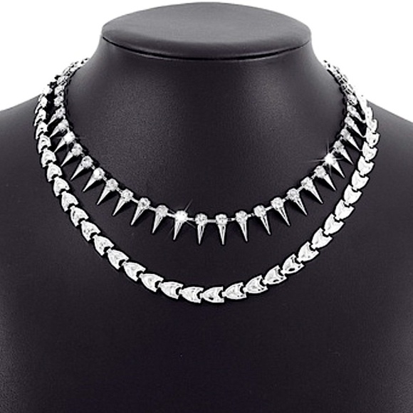 Spiked Silver Zircon Multilayered Choker Necklace - Picture 5 of 6